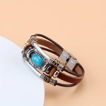 Style Green Turquoise Beads Pu Leather Stainless Steel Buckle Bracelet,Coffee
