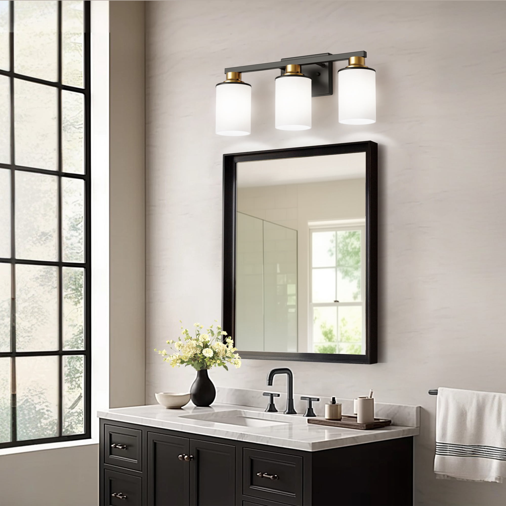 YANSUN 19.7" 3-Light Vanity Light, Black Gold Modern Bathroom Mirror Light with Frosted Glass Shades for Bathroom, Hallway