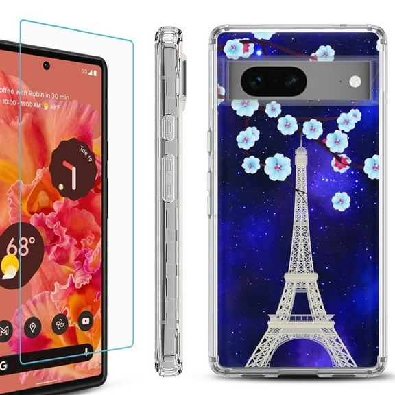 OneToughShield ® for Google Pixel 7a Shockproof Bumper Phone Case, with Tempered Glass Screen Protector - Eiffel Tower Stars