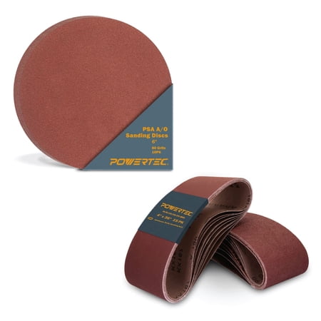POWERTEC 4x36 Sanding Belts & 6 Inch PSA Sanding Discs Set, 25PK, Aluminum Oxide 3 Each of 40/80/120/150/240 Sanding Belt + 6 Inch 80 Grits Adhesive Sandpaper for Benchtop Belt & Disc Sander, 110292N