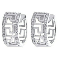 10K White Gold Round Diamond Greek Key Hoop / Huggie 13mm Pave Earrings 1/5 CT.