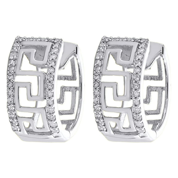 10K White Gold Round Diamond Greek Key Hoop / Huggie 13mm Pave Earrings 1/5 CT.