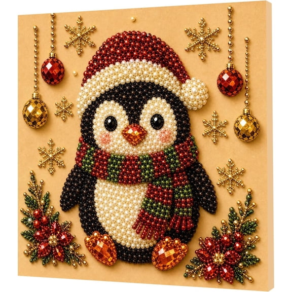 Christmas Pearl Art Diamond Painting Kit with Inner Frame for Adults & Beginners, 3D Holiday Gem Art Mosaic Craft, DIY Festive Home Wall Decor & Christmas Gift，Winter Penguin