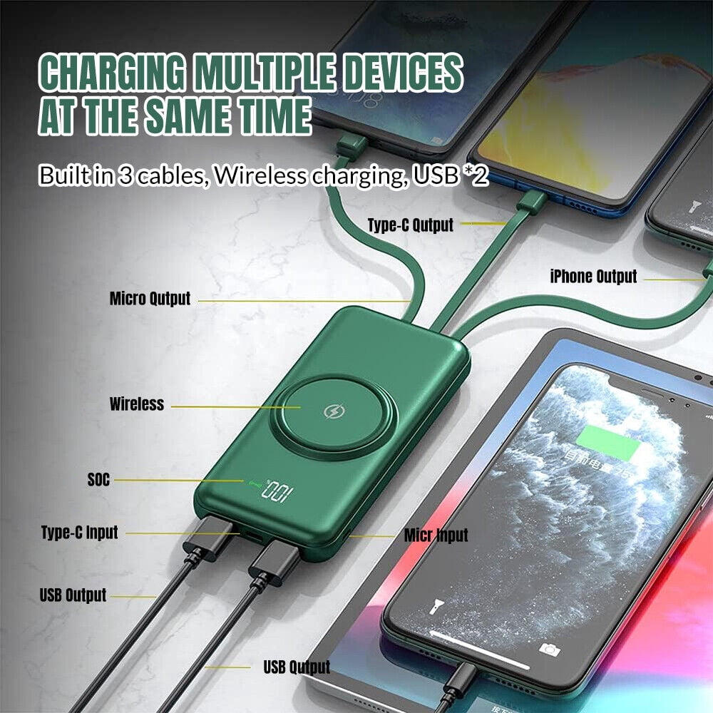 Portable Charger with Built-in Cable, 10000mAh Ultra-thin Power Bank, LED Display Compatible with iPhone, Samsung, Android