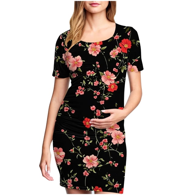 yoeyez Robe de Maternité Grande Taille pour Femmes à Manches Courtes, Col Rond, Imprimé Floral, Robe Soleil, Robe d'Allaitement de Maternité, Vêtements de Grossesse Grande Taille en Liquidation Multicolore,P