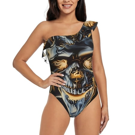 Lukts Fiery Skull Trio Women One Piece Swimsuits Tummy Control One Shoulder Bathing Suits Ruffle Swimwear-XX-Large