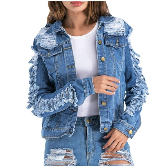 BEFOKA Women’s Oversized Button Up Frayed Hem Shacket Long Sleeve Pockets Denim Jean Jacket