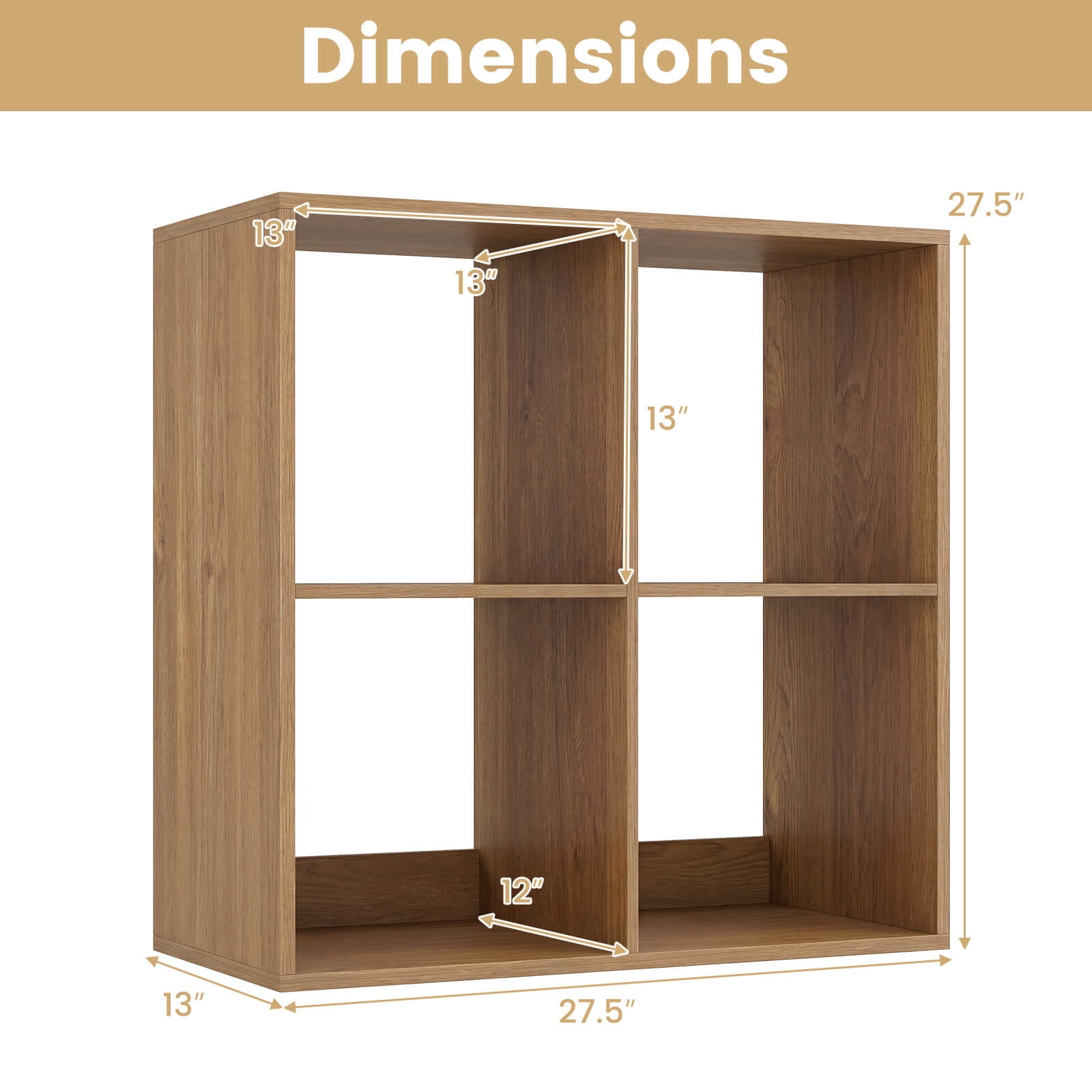 Costway 4-Cube Bookshelf, Modern Cubby Bookcase with Back Guardrail & Anti-tipping Kits Natural