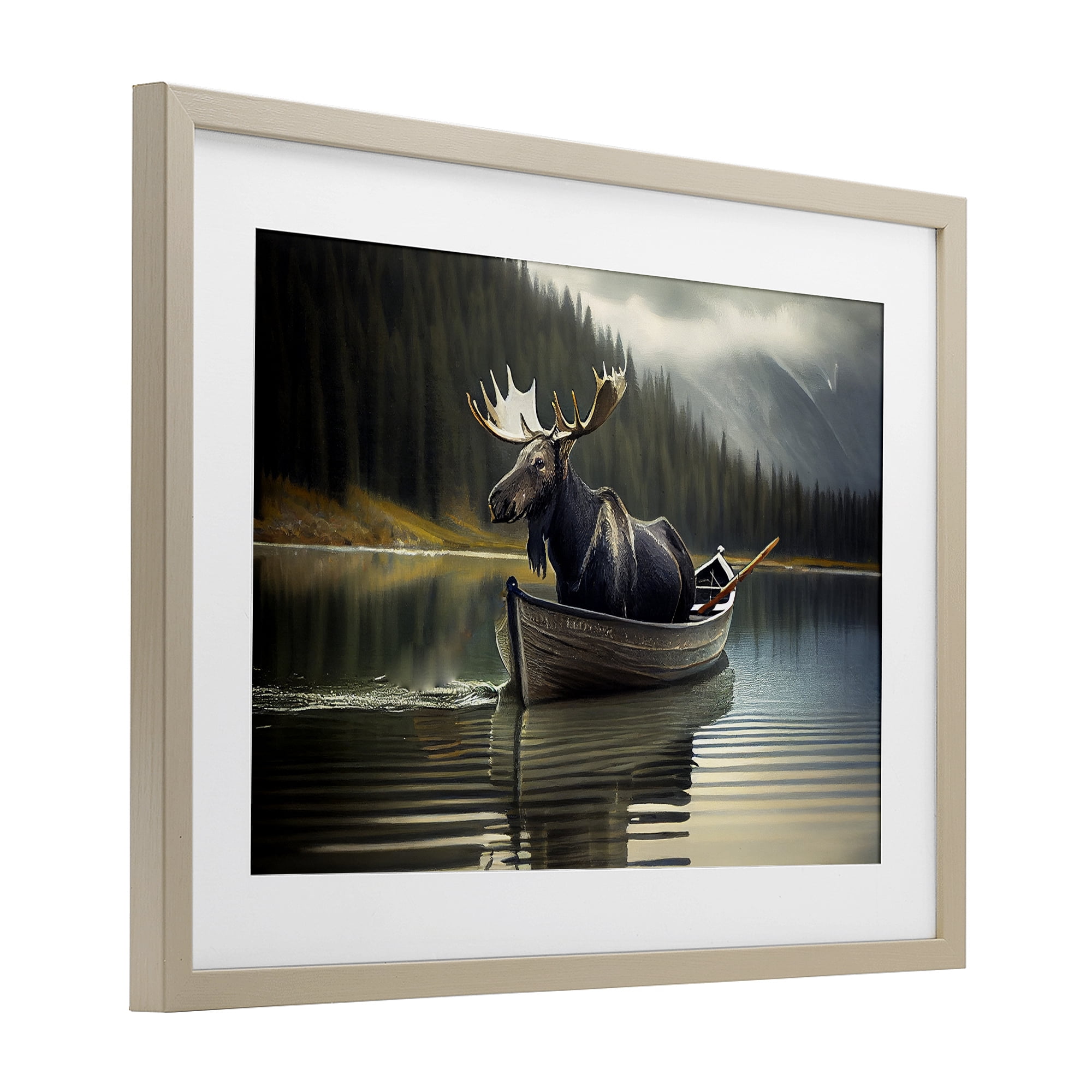 Moose in Canoe Tranquility Birch Framed Print Under Glass, design by Sasha