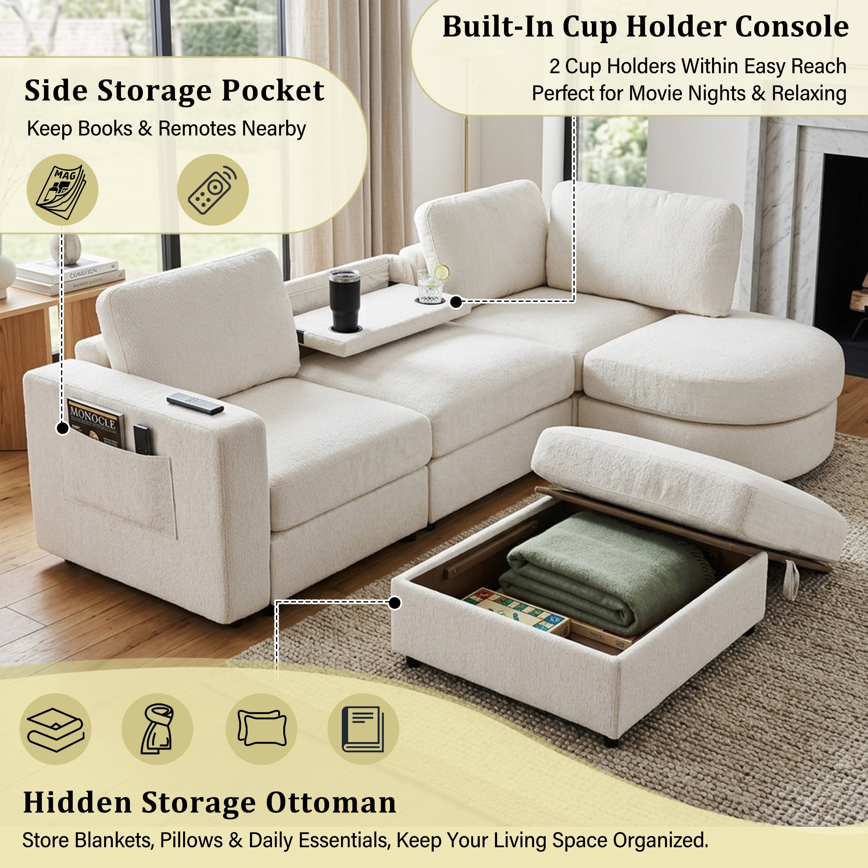 Wakefit 102.4" U-Shaped Sectional Sofa with Storage Ottoman & Curved Chaise,Modern Chenille Modular Couch with Drop-Down Console,Built-in Cup Holders & Side Pockets for Living Room,Beige