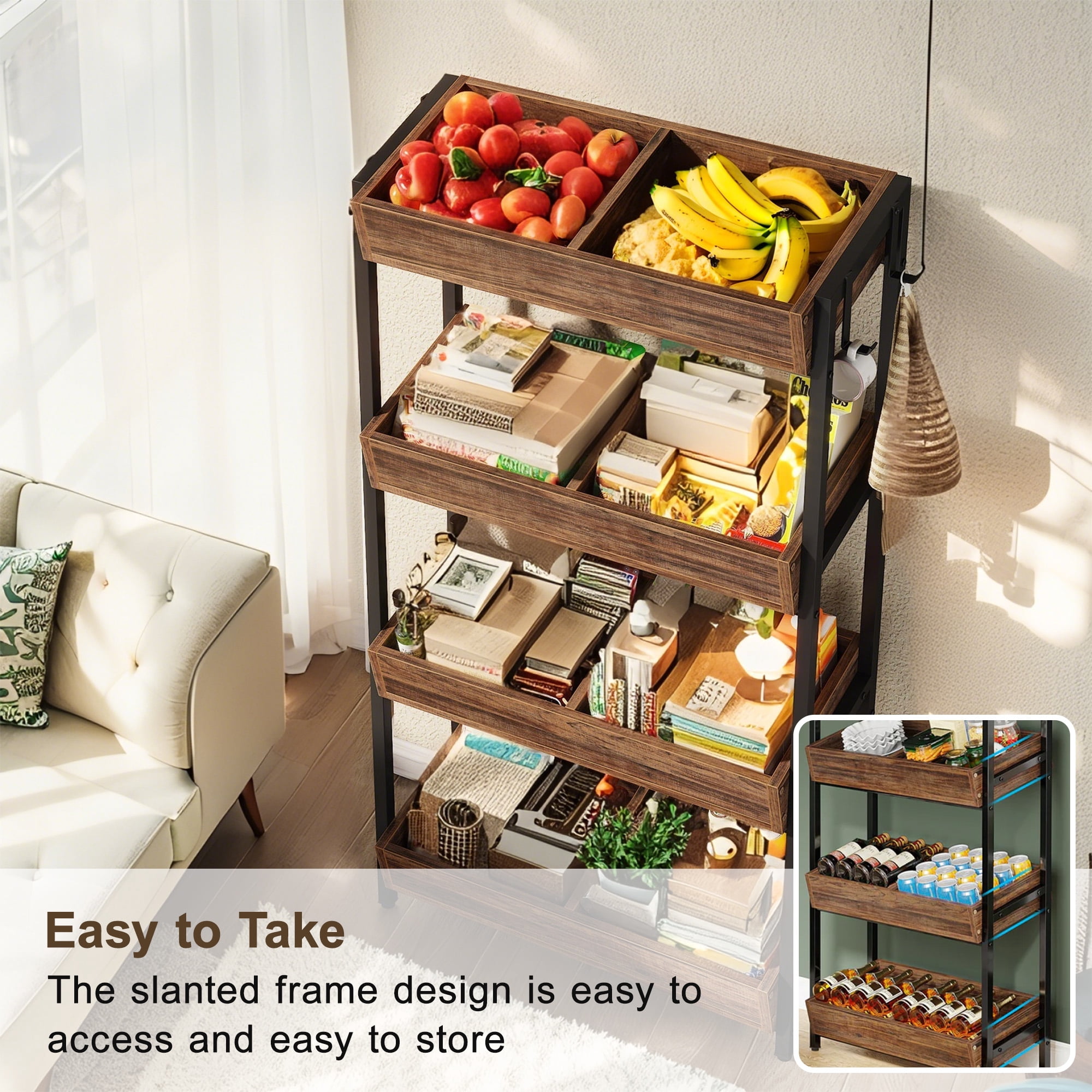 MAYEERTY 8-Bin Fruit Vegetable Storage Rack Wooden Stand for Kitchen & Supermarket