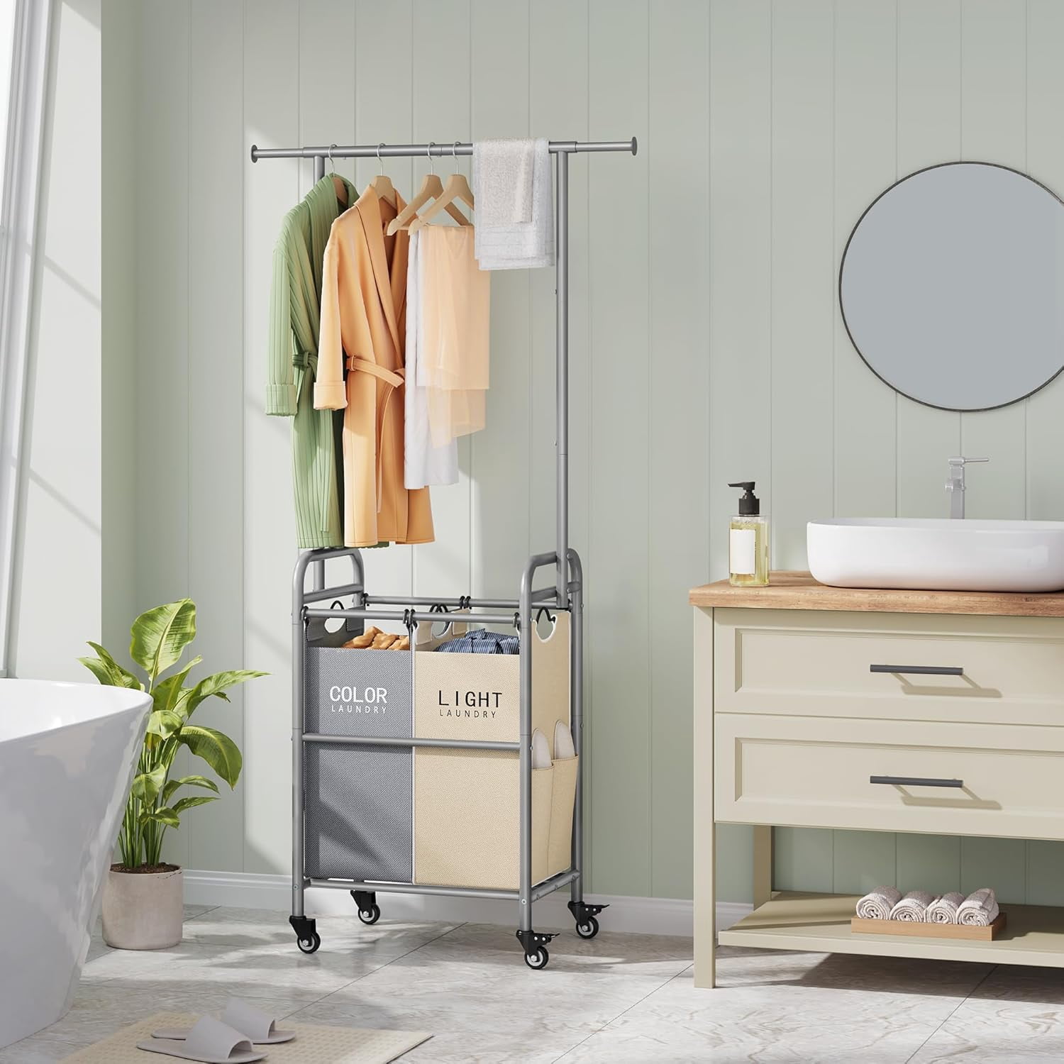 Laundry Sorter with Hanging Rack, 2 Section Rolling Laundry Hamper with Lockable Wheels and Removable Bag