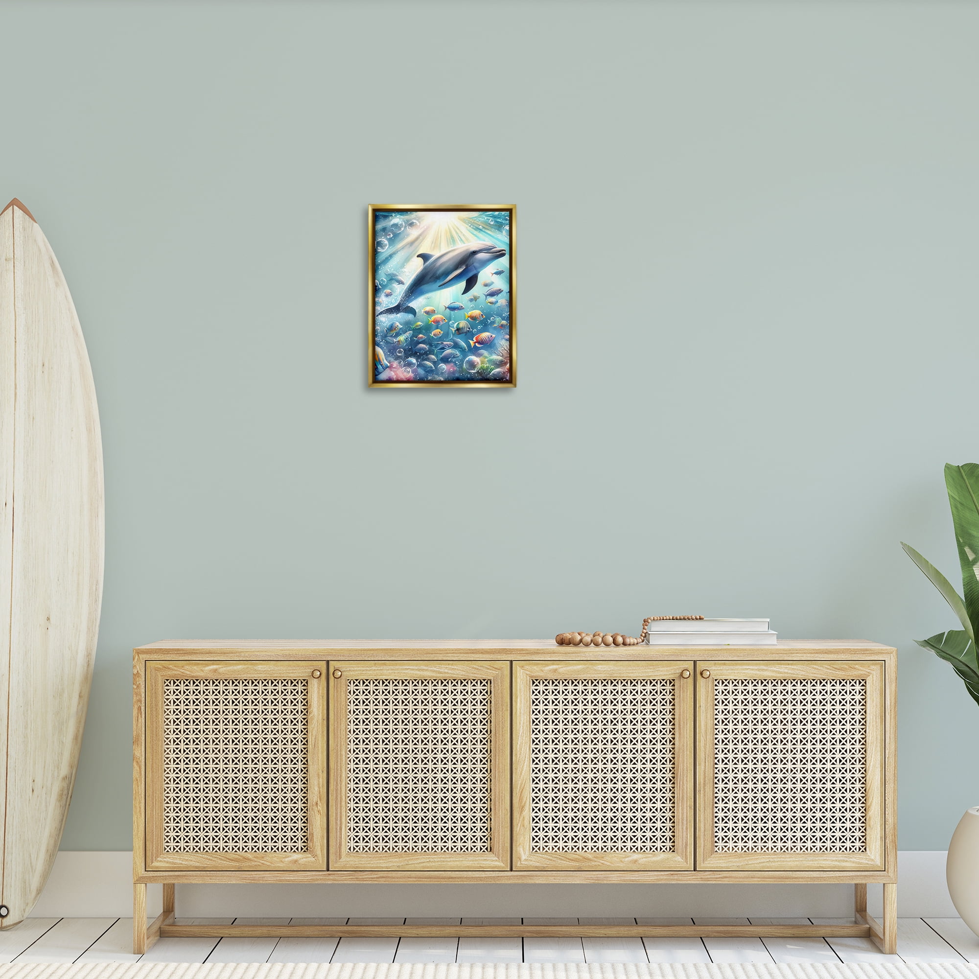 Stupell Industries Dolphin Among Sea Life Nautical & Beach Painting Gold Floater Framed Canvas Art Print Wall Art, 17 x 21