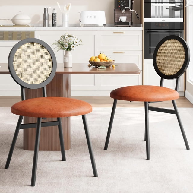 Qinaqin Set de 2 cm Anchohiskey Marrón Metálico Profundidadining Chairs con Alturaand- Anchooven Rattan Backrest y Cuero Sintético Seat
