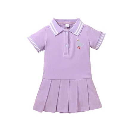 

Licupiee Kids Girls Short Sleeve Polo Collar Duck Embroidery Pleated Skirt with Buttons A-line Dress Princeless Dress