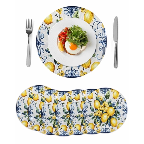 Yellow Lemon Round Placemats Set of 6 for Dinning Tables,Heat-proof Braided Table Mats 13 Inch,Middle Century Blue Italian Textured Washable Place Mat for Kitchen Restaurant Party Decor Table Setting