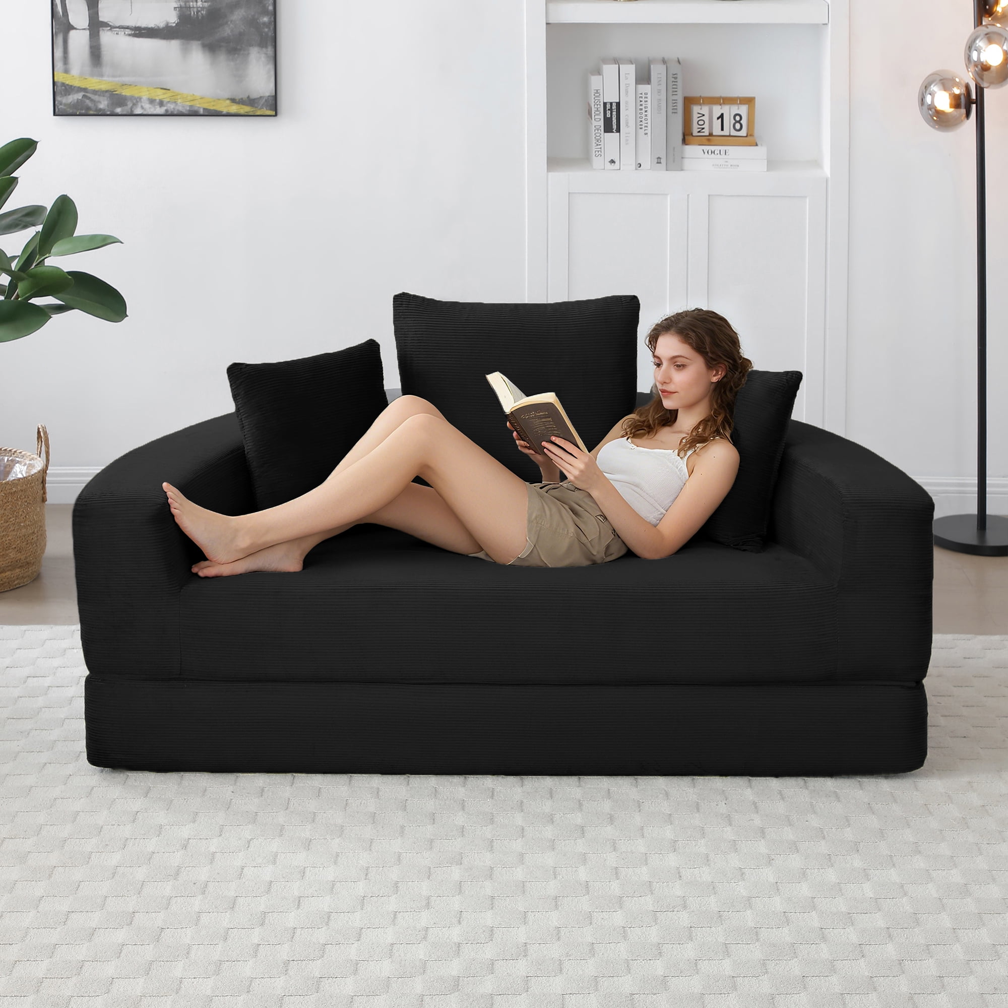 Convertible Sofa Couch Bed, Adjustable Futon Sofa, No Assembly Compressed Corduroy Floor Lounge Sofa For Apartment Office Bedroom Living Room