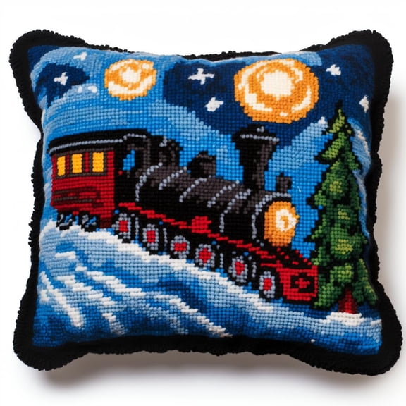 Old Steam Train Latch Hook Pillow Kit for Adults Throw Pillow Cover with Printed Canvas Hook Crochet Yarn Needle Craft Easy Handmade Cushion for Home Sofa Decoration 43x43cm(1)