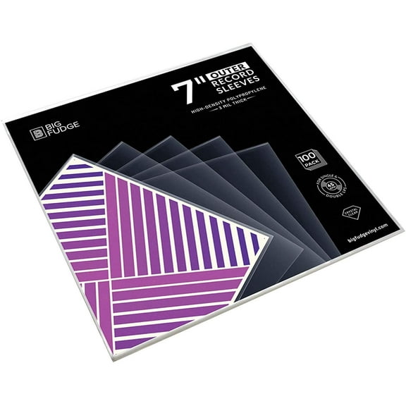 Big Fudge 7-Inch Vinyl Record Outer Sleeves 100 Pack – Clear 3 Mil High-Density Polypropylene LP Album Covers for Protection & Storage (7.42” x 7.42”)
