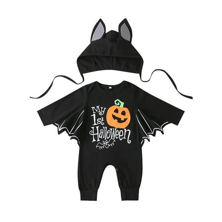

Frontwalk Newborn Casual Bat Sleeve Halloween Outfit Set Pumpkin Print Cute Jumpsuit Crew Neck Travel Bodysuit Hat Black 80M