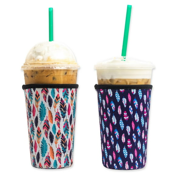 Baxendale and Co 2-Pack Medium (22-24oz) Reusable Neoprene Insulator Sleeve for Iced Coffee or Cold Beverage Cups (Feather)