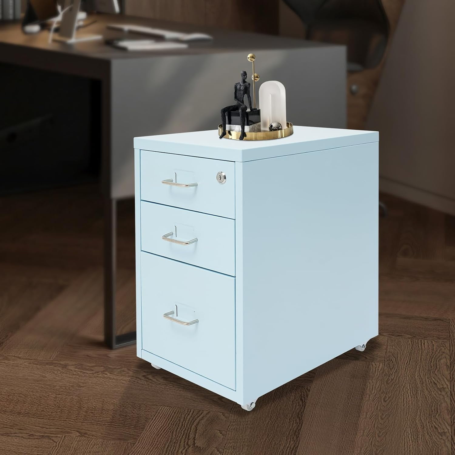 3-Drawers File Cabinet with Lock, Home Mobile Metal File Cabinet, File Cabinet with Wheels,Office Filing Cabinet Organizer for Home Office - Blue