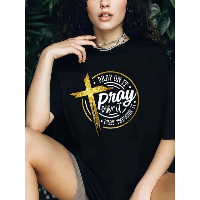 Camiseta para mujer, camiseta para mujer, camiseta básica, trajes simples de moda, camisetas de manga corta, camisetas de verano para deportesVintage-Inspired Cross Print T-Shirt for Women - Casual