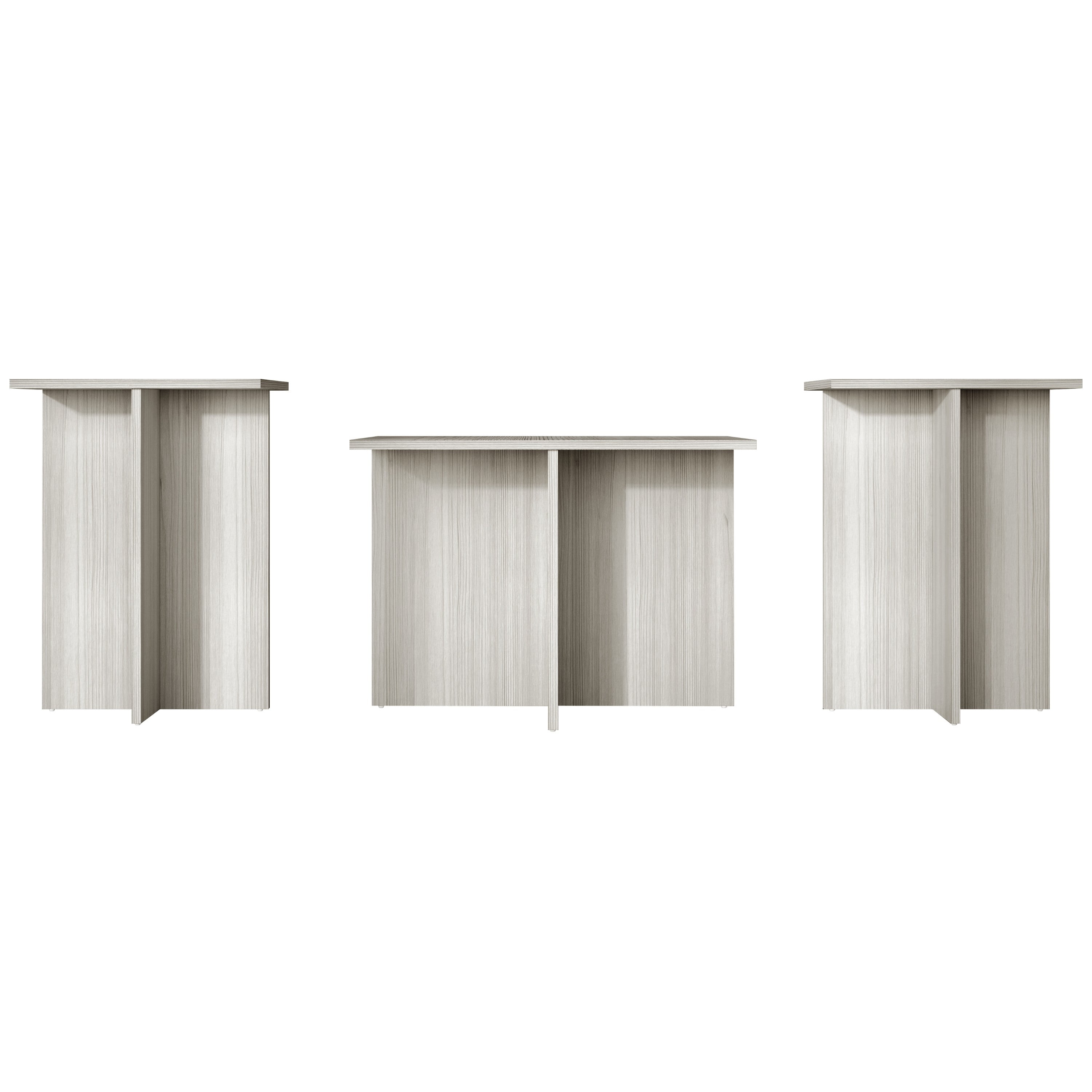 Home Design Joliet 3-Piece Coffee Set with Rectangular Tables, Natural Wood Finish and Modern Open Shelf, Light Gray