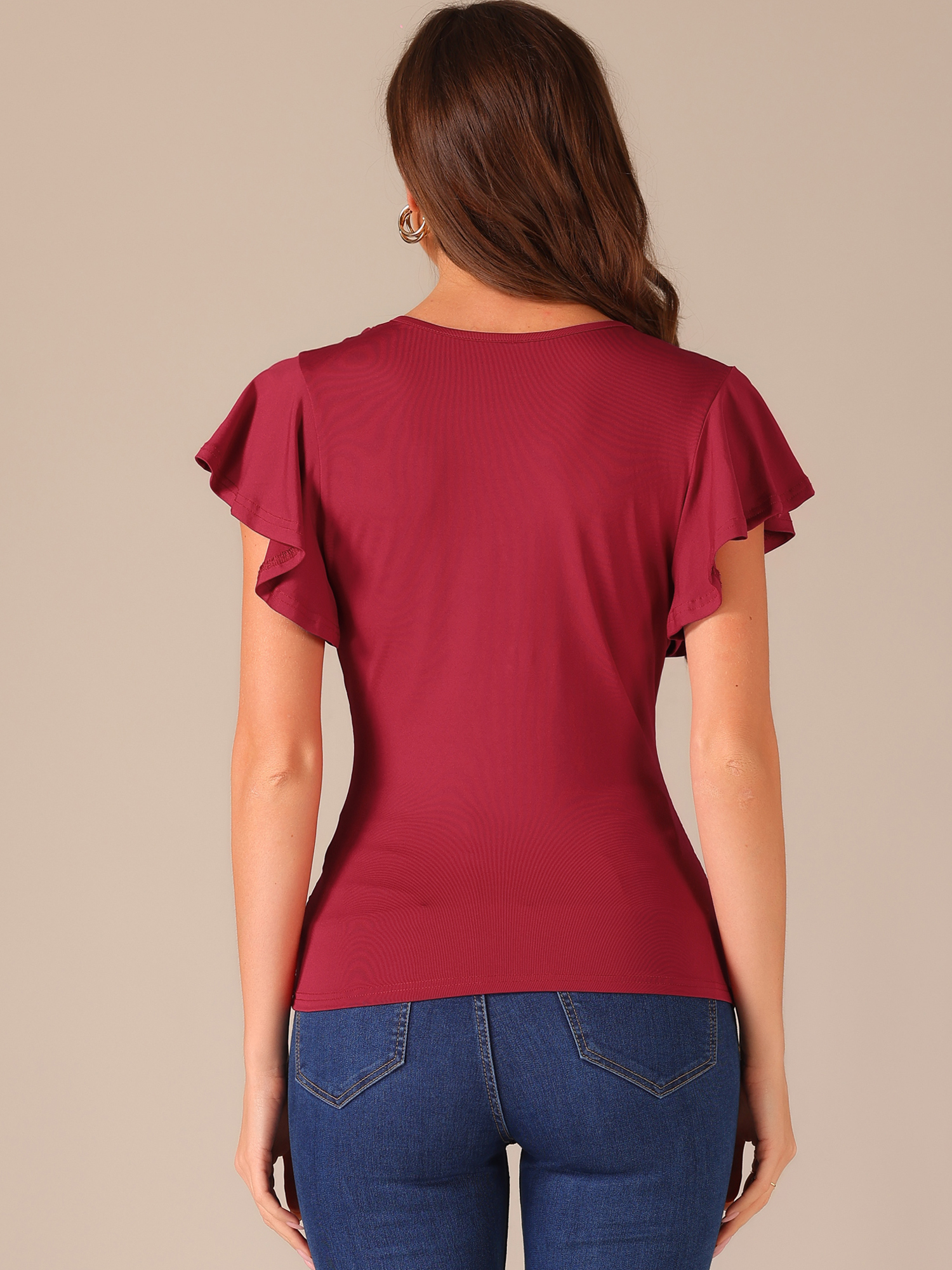 DARING DIVA Women's Stylish V Neck Cinched Waist Ruffle Sleeve Blouse S Dark Red