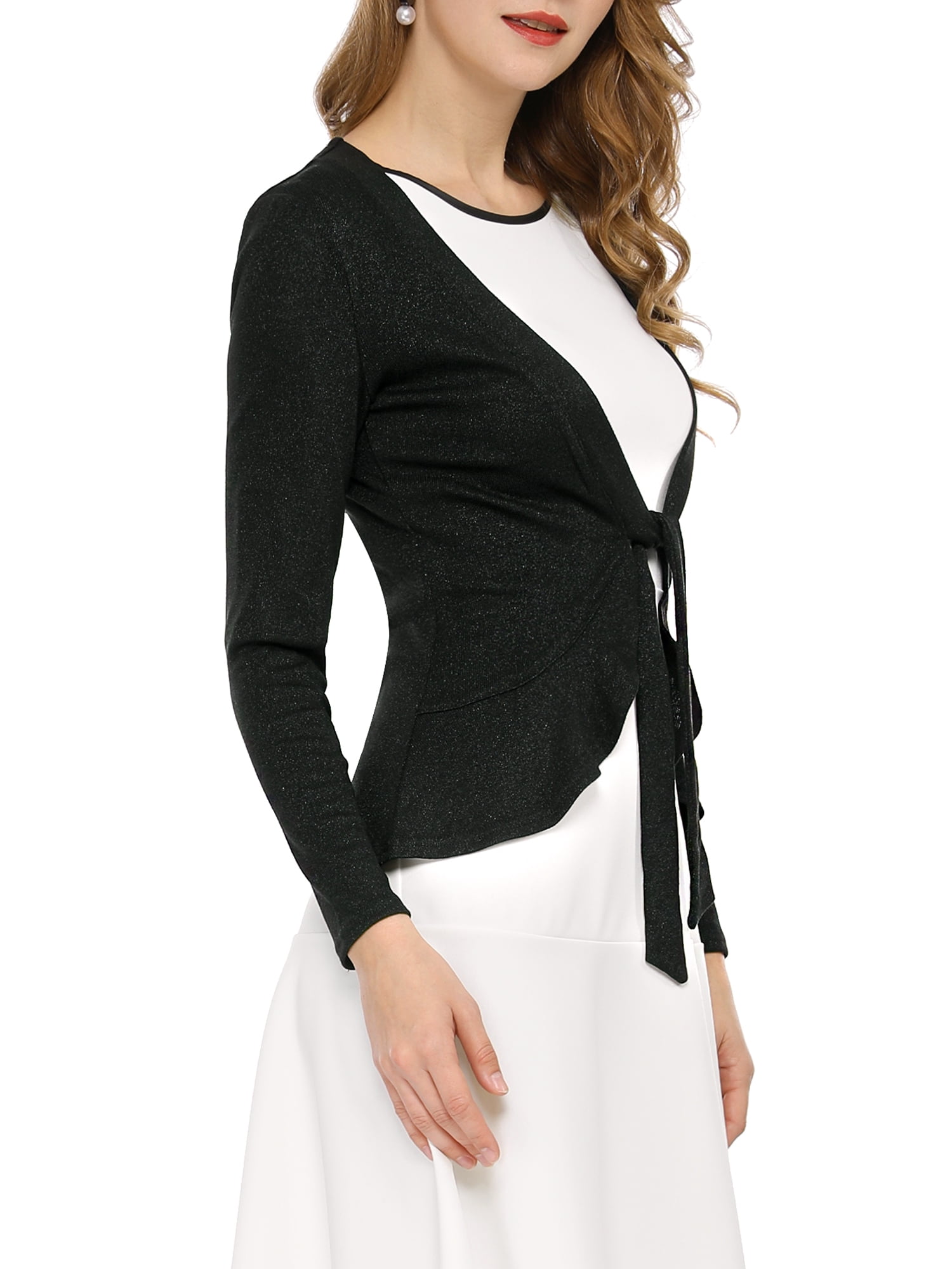 DARING DIVA Women's Tie Front Ruffled Hem Crop Knit Cardigan L Black