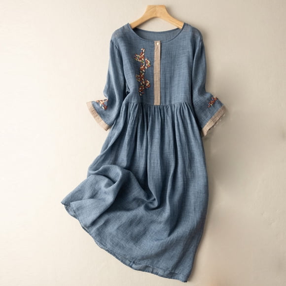 FcBaudy Long Sleeve V-Neck Dress,Summer Dresses for Women,Womens Dresses Omen's Summer And Retro Cotton And Linen Round Neck Waist Retraction Travel Holiday Dress Women Dress
