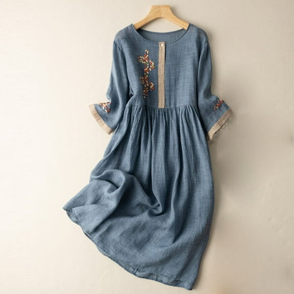 Spring Saving GaThRRgYP Summer Clearance Womens Dresses,Women's Summer and Retro Cotton and Linen Round Neck Waist Retraction Travel Holiday Dress