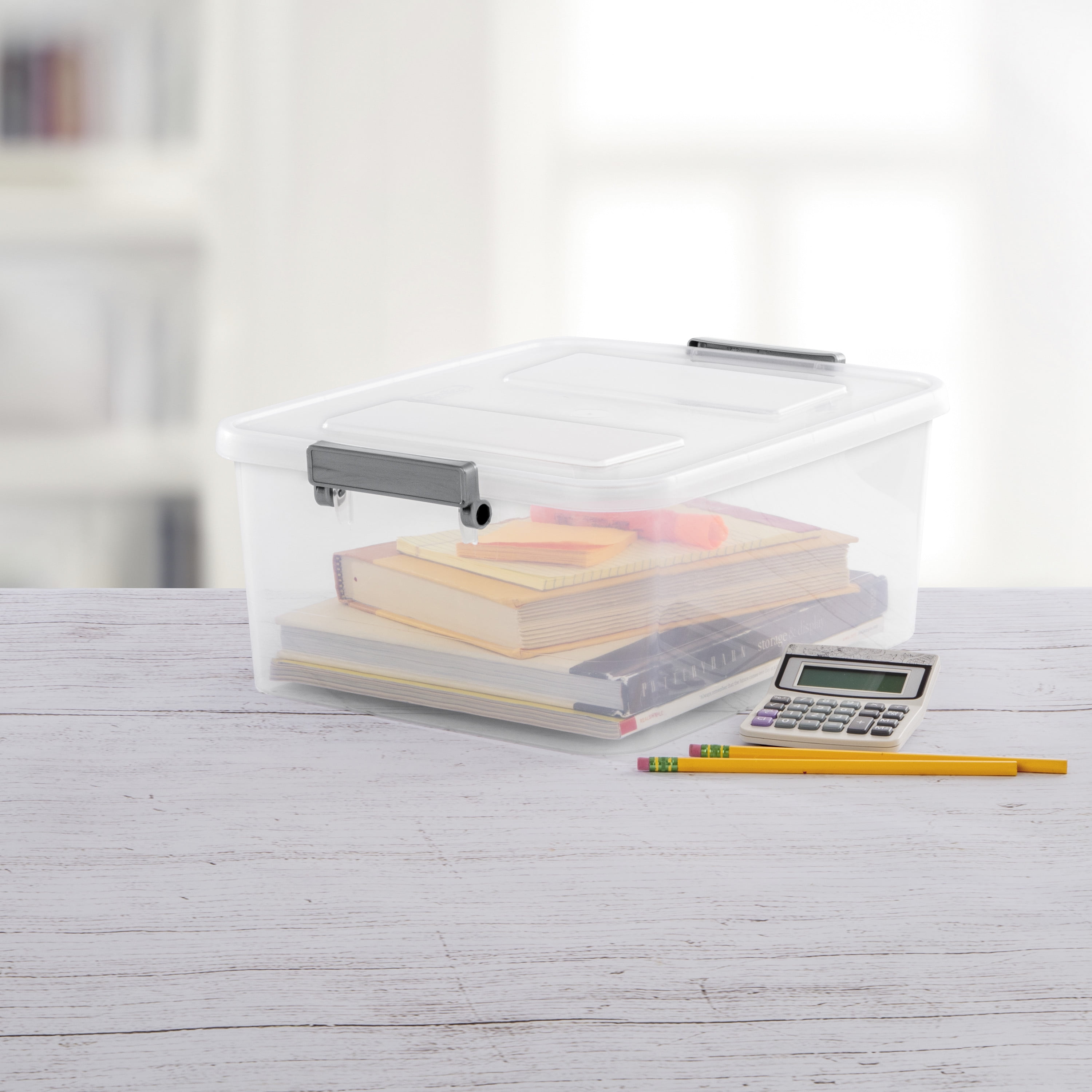 Sterilite Modular 12.7 Quart Small Latching Storage Bin, Clear Plastic Storage Container with Write-on ID Latches, Gray