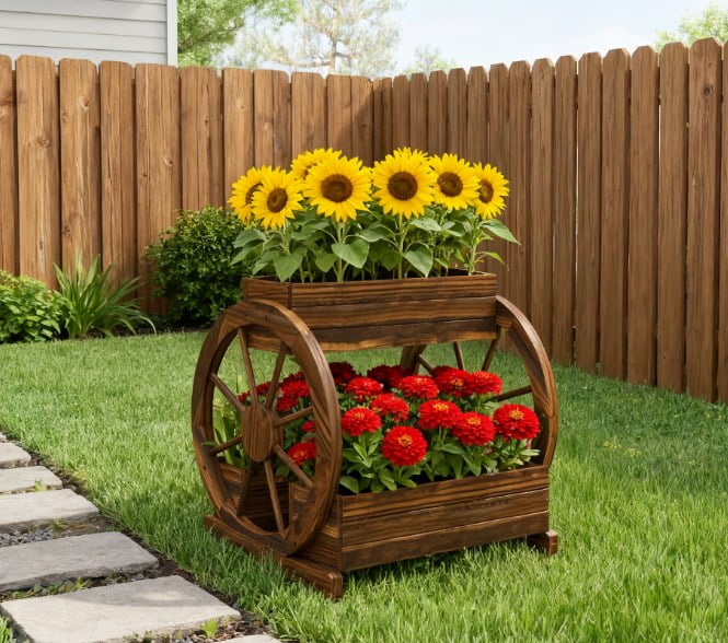 Outdoor Planter, Wooden Wagon Planter Box, 3-Tier Raised Garden Bed, for Vegetables Flowers Herbs