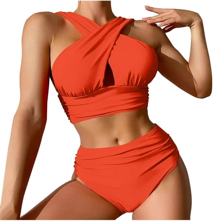 Oplxuo Women s Ruched High Waisted Bikini Sets Sexy Criss Cross Halter Swimsuits Modest Cheeky 2 Piece Bathing Suits