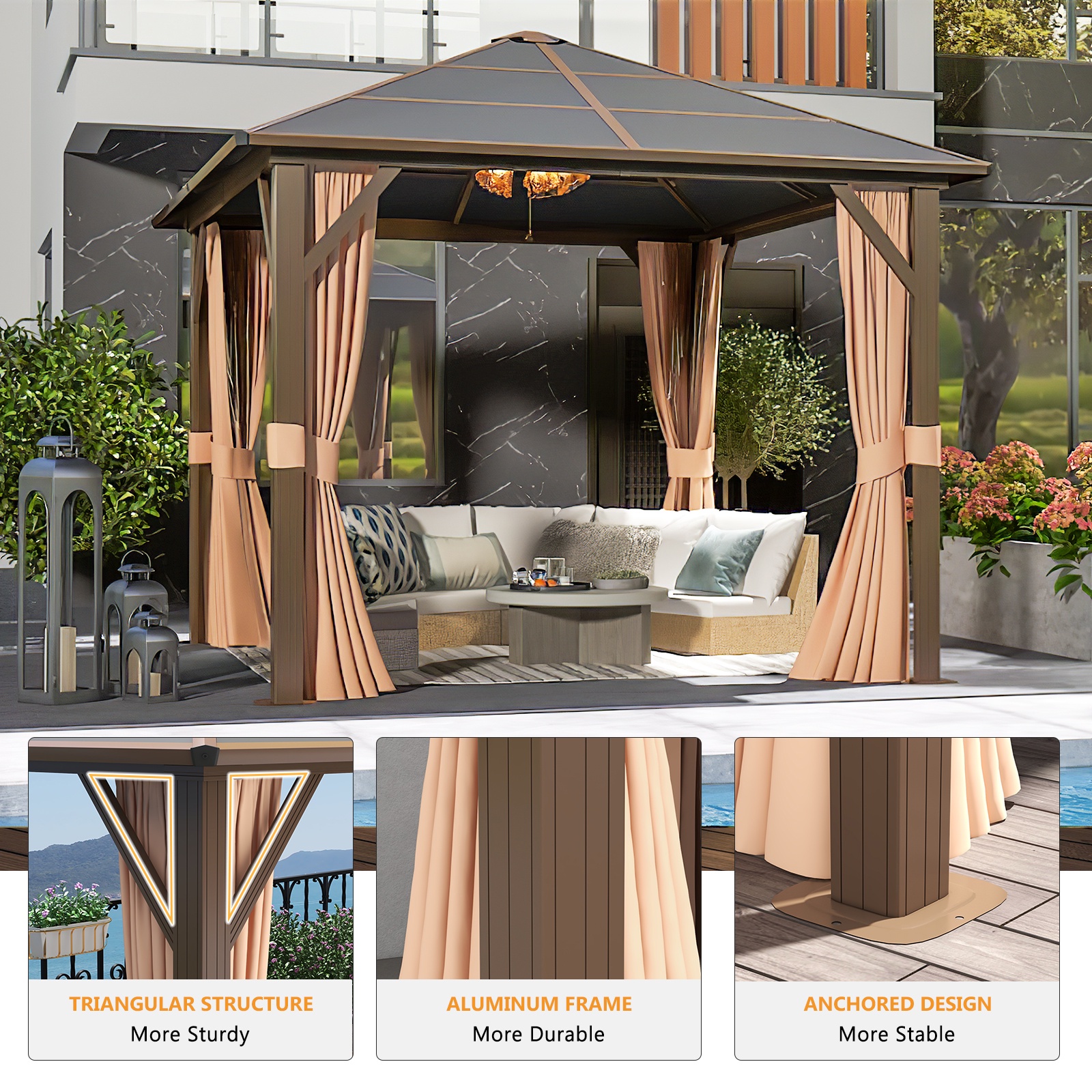JolyDale 10 ft. x 10 ft. Patio Hardtop Gazebo, Outdoor Aluminum Frame Canopy with Netting and Curtain for Garden, Patio, Lawns, Brown
