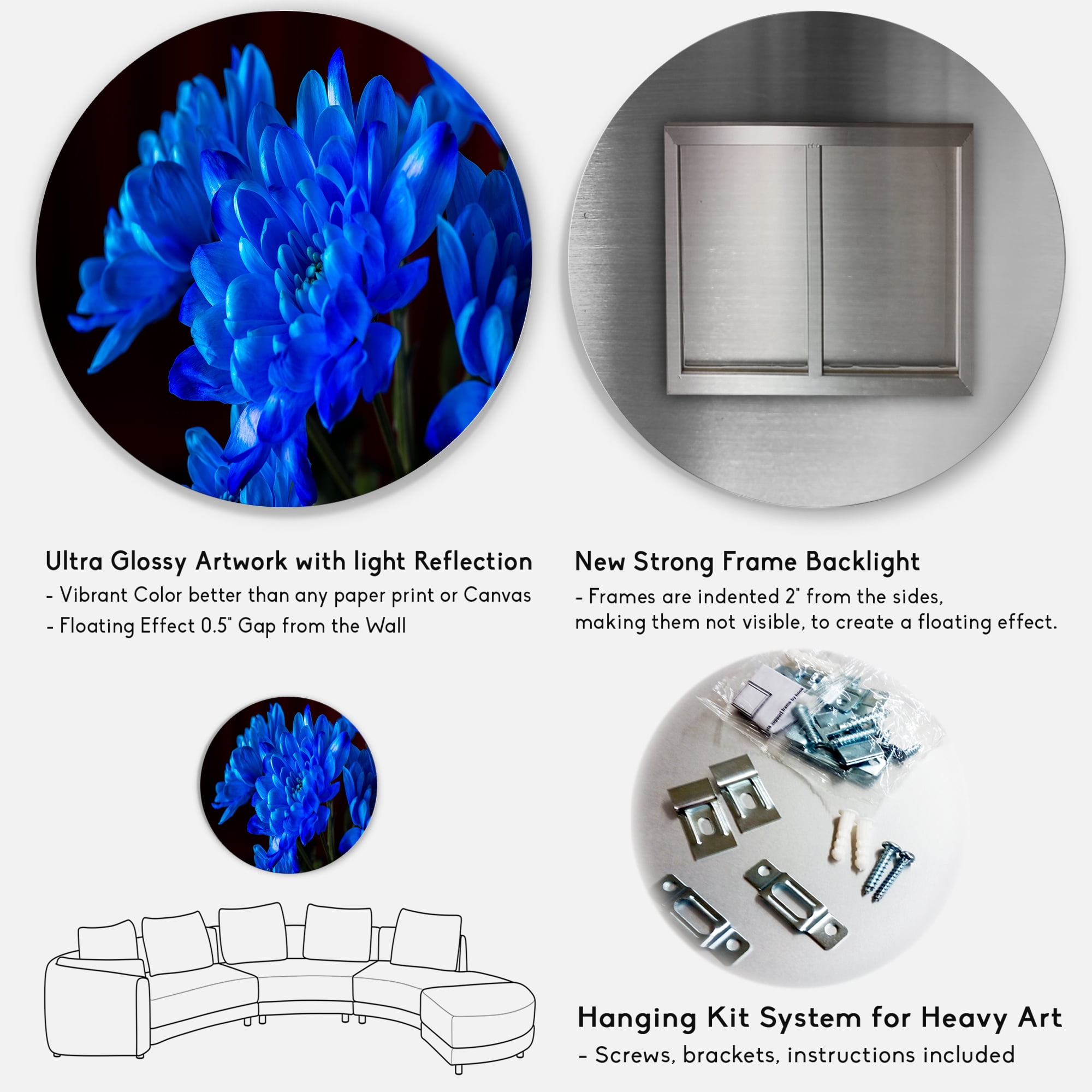 Designart 'Blue Chrysanthemum Flowers On Black Backround' Traditional Circle Metal Wall Art 36x36 - Disc of 36