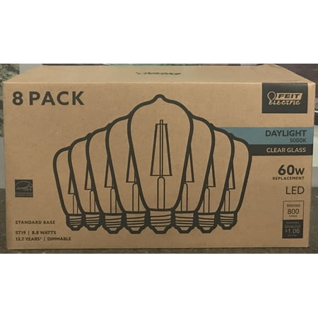 Feit Electric 8 Pack 60w Daylight 5000K Clear Glass ST19 Dimmable LED Bulbs