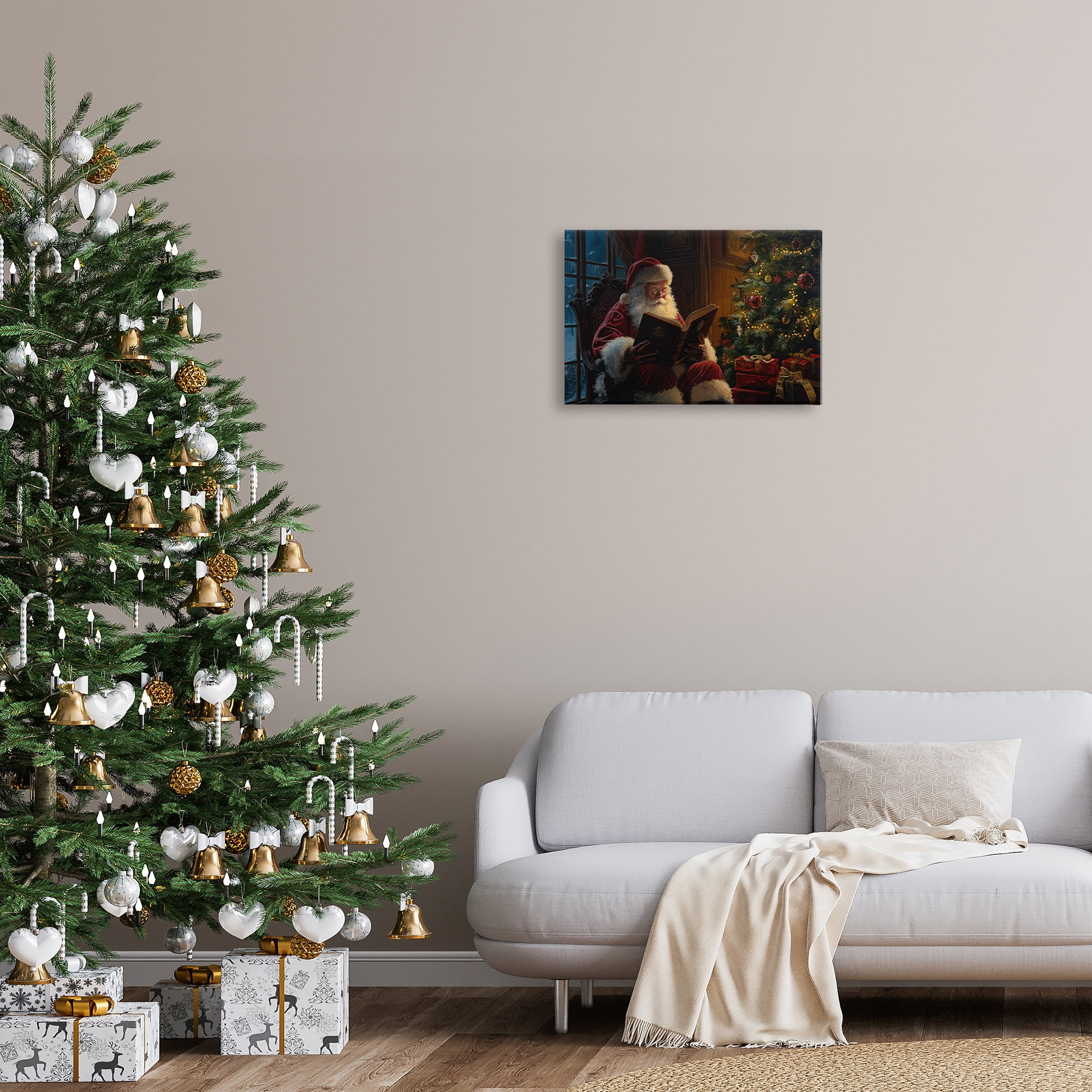 Stupell Industries Santa Reading by Tree Holiday Painting Gallery Wrapped Canvas Art Prints Wall Art, 24 x 16