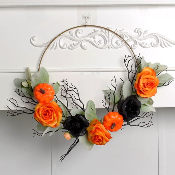 Fiudx Decoraciones navideñas para interiores Anillo de hierro de Halloween, anillo de rosa de calabaza, anillo de flor de arte de hierro simulado, decoración del hogar, decoración para colgar en la v
