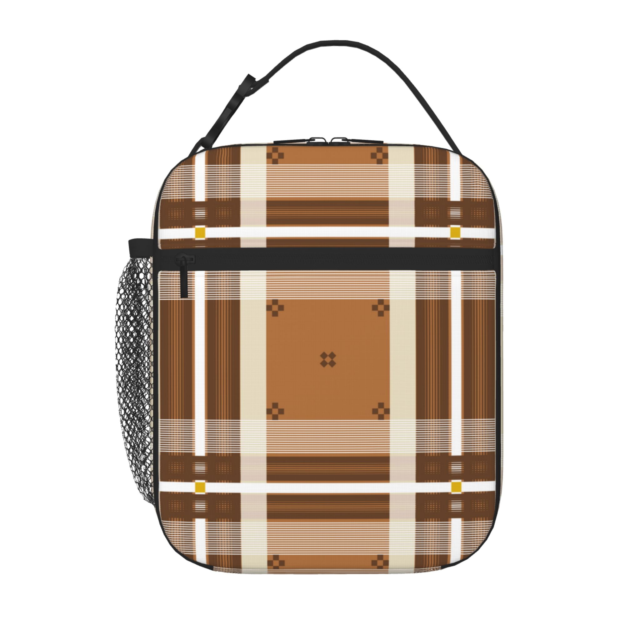 TEQUAN Portable Lunch Bag, Geometry Lattice Brown Grid Pattern Reusable ...