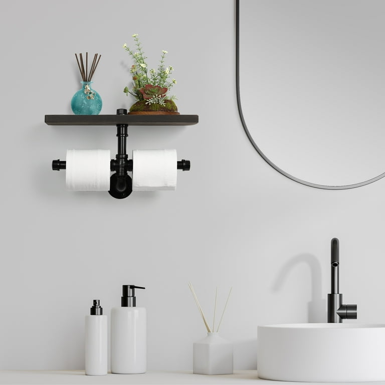 Wall Mounted Industrial Dual Toilet Paper Holder with Storage Shelf for Bathroom, Black