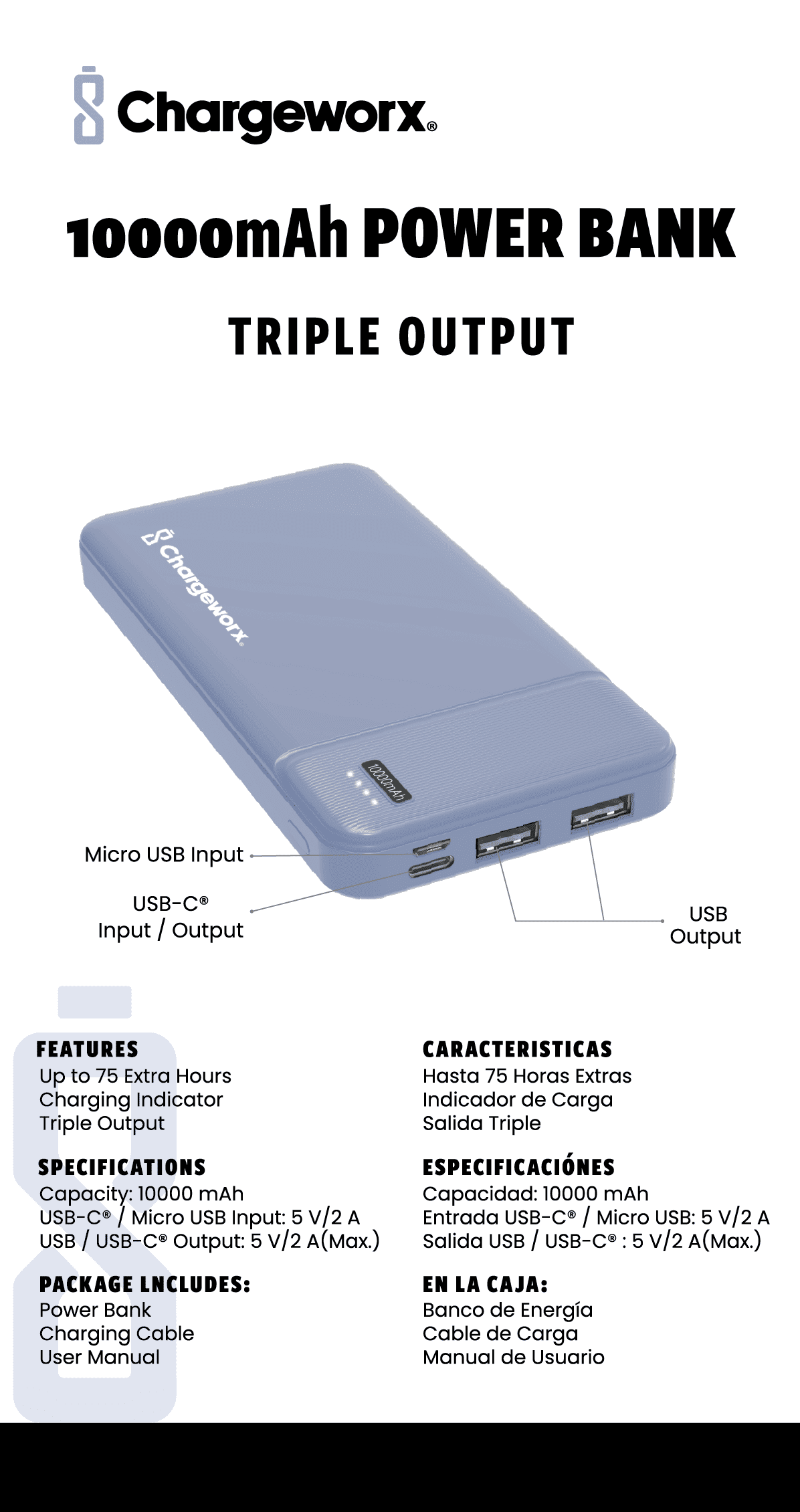 Chargeworx 10000mAh Power Bank – Portable Charger with Triple Output | USB-C, Micro USB & USB Ports | Up to 75 Extra Hours | Compact External Battery Pack for Phones, Tablets & Mor