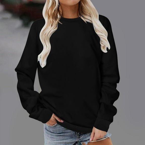 Fznquz Women's Sweatshirts Black Plain Long Sleeve Fashion Oversized Crewneck Casual Fall Fashion
