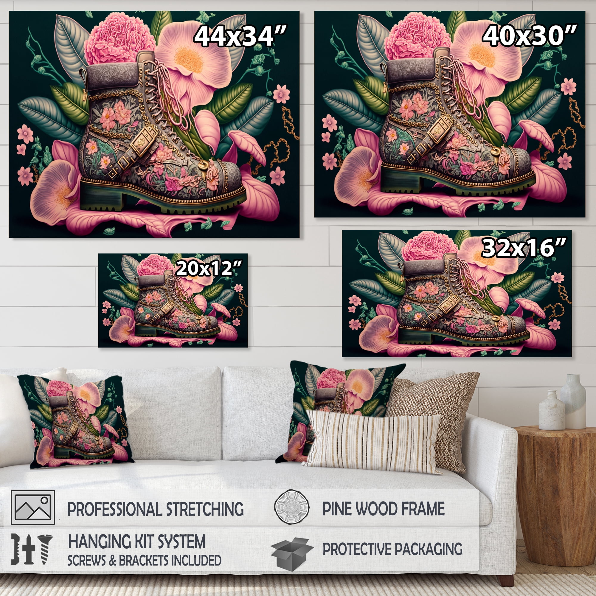 Designart Floral Pink Army Boots Art Canvas Wall Art