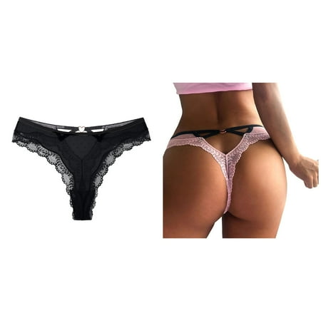 Lojoutye 2 Pack(Black 1PCS & Pink 1PCS) Multipack Barely There Bras for Women 4742 Women Lace Panties Heart Low Waist Underpant Thong Underwear Lingerie