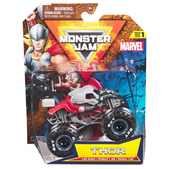 Monster Jam 2024 Marvel 1:64 Scale Diecast Series 1 Monster Truck with Flag: Thor