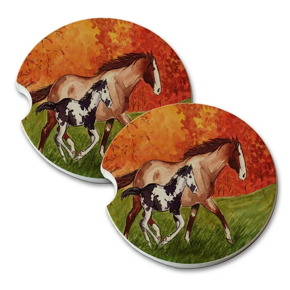 KuzmarK Sandstone Car Drink Coaster (set of 2) - Red Roan Mare and Black Pinto Foal Horse Art by Denise Every
