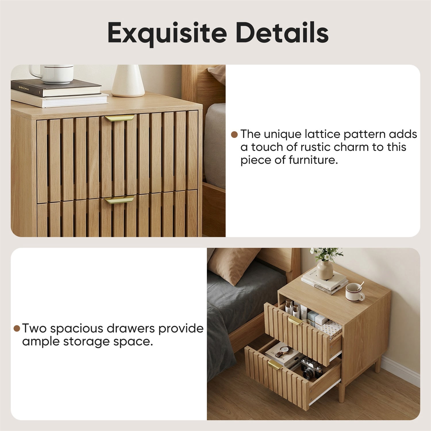 Hommoo Modern 2-Pcs Nightstand Set, Wooden Bedside Table End Table Set with Grille Design and 2 Storage Drawers, for Bedroom, Living Room & Office, Oak