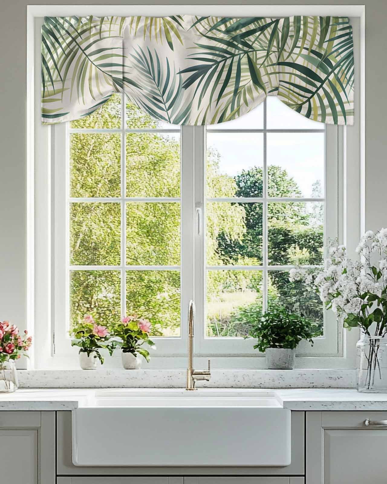 Tropical Plant Tie Up Valances Curtain, Adjustable Kitchen Green Leaf Valances for Windows Decor, Rod Pocket Short Curtains Set for Bedroom/Bathroom, 54"x18"